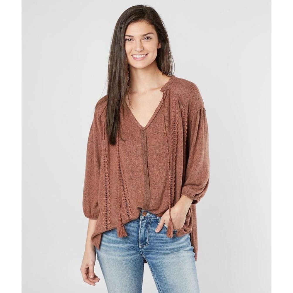 Miss Me Rust Brown‎ Tassel Lace Boho V Neck 3/4 Sleeve Top Shirt Size S